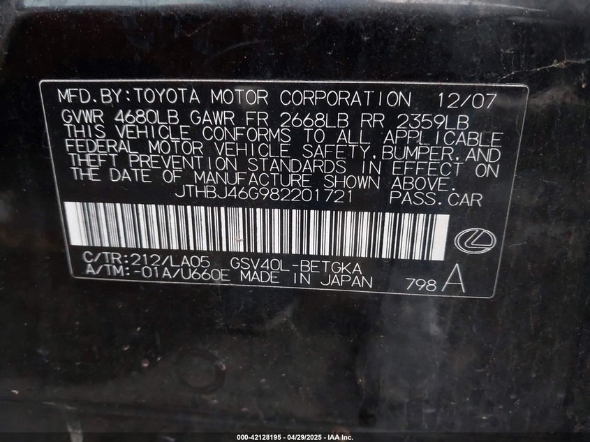 2008 LEXUS ES 350 VIN: JTHBJ46G982201721