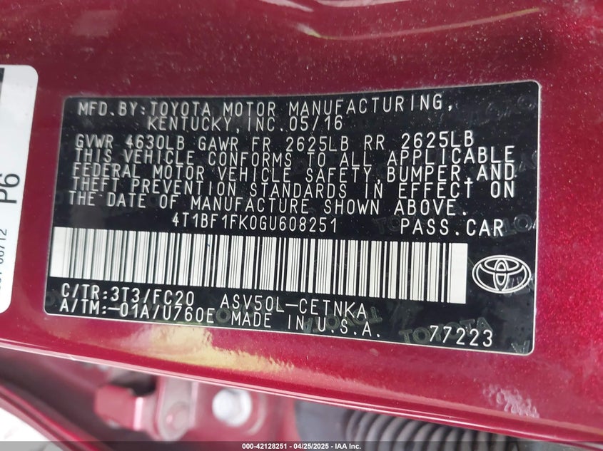2016 TOYOTA CAMRY VIN: 4T1BF1FK0GU608251