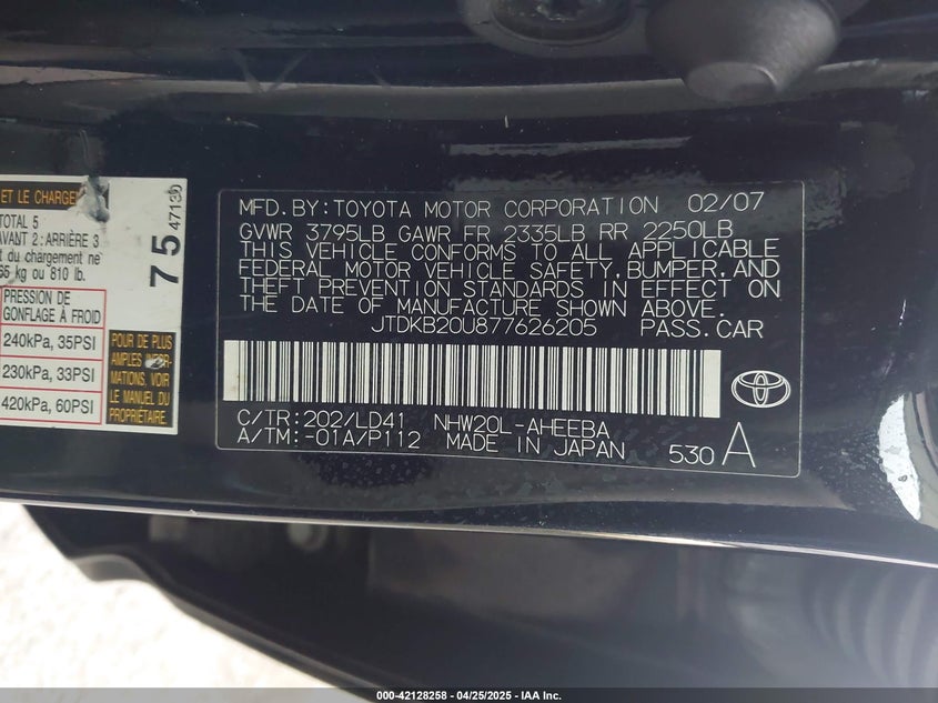 2007 TOYOTA PRIUS VIN: JTDKB20U877626205