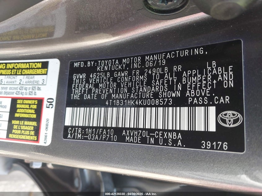 2019 TOYOTA CAMRY HYBRID VIN: 4T1B31HK4KU008573