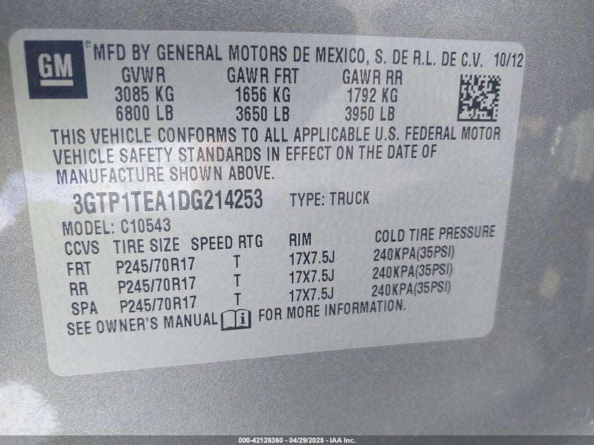 2013 GMC SIERRA 1500 VIN: 3GTP1TEA1DG214253