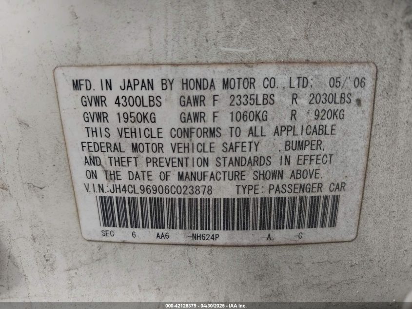 2006 Acura Tsx VIN: JH4CL96906C023878 Lot: 42128379
