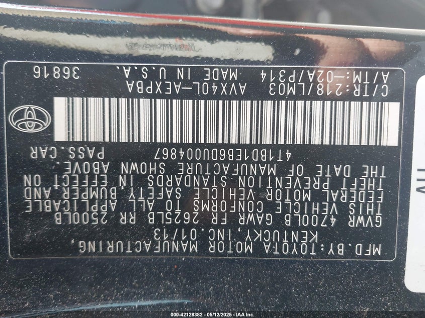 2013 TOYOTA AVALON HYBRID VIN: 4T1BD1EB6DU004867