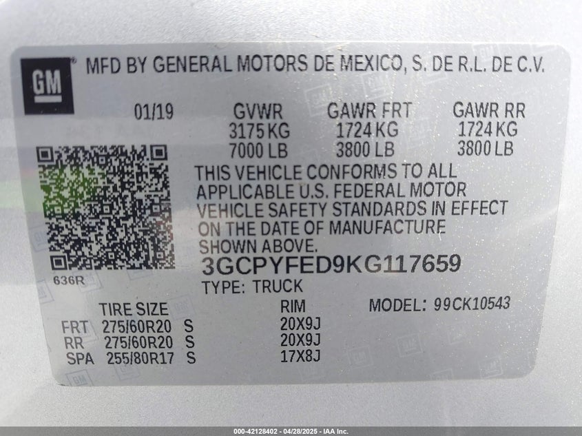 2019 CHEVROLET SILVERADO 1500 VIN: 3GCPYFED9KG117659