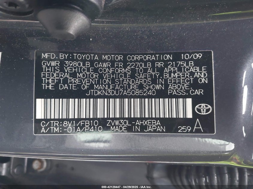 2010 TOYOTA PRIUS VIN: JTDKN3DU7A5085240