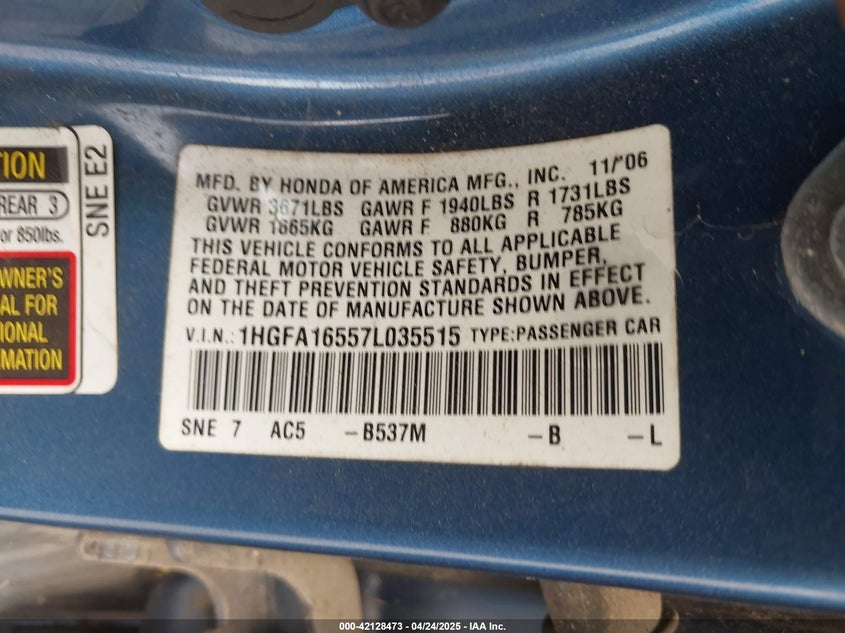 2007 HONDA CIVIC VIN: 1HGFA16557L035515