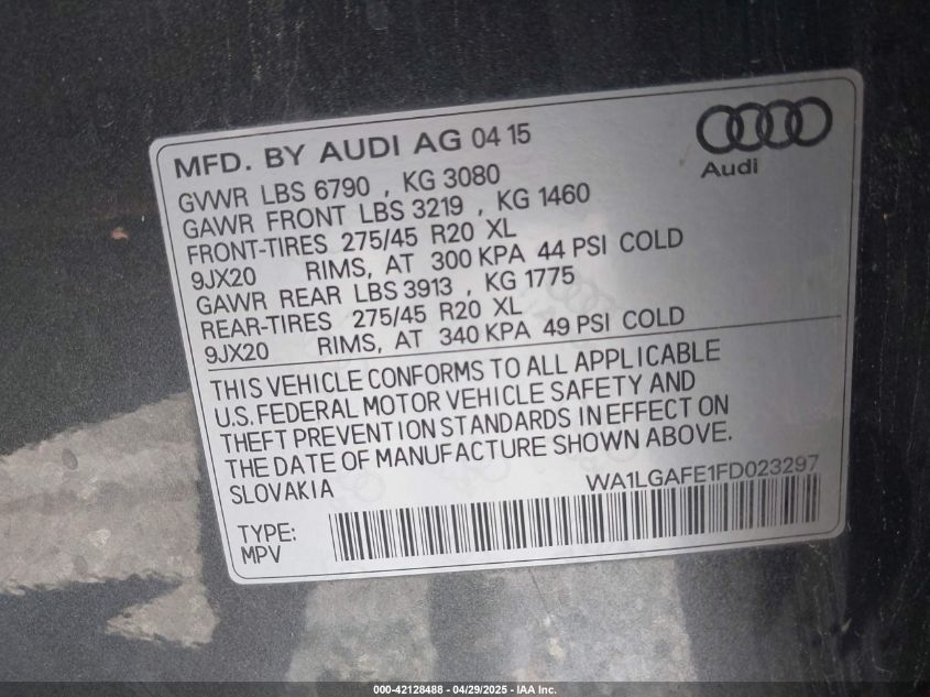 2015 Audi Q7 3.0T Premium VIN: WA1LGAFE1FD023297 Lot: 42128488