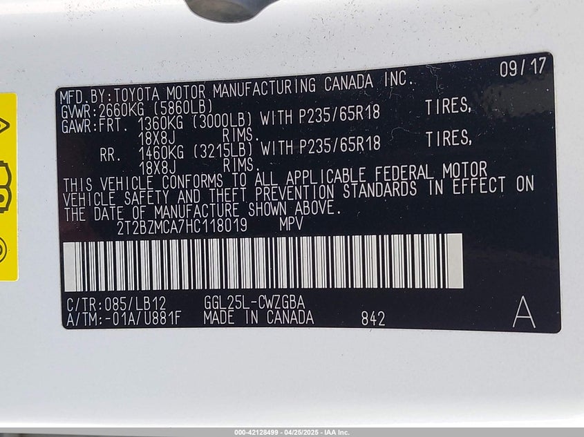 VIN 2T2BZMCA7HC118019 2017 LEXUS RX 350