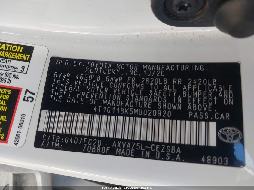 2021 TOYOTA CAMRY VIN: 4T1G11BK5MU020920