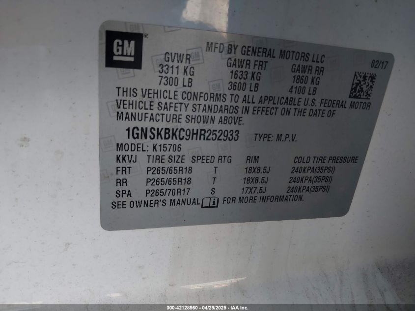 2017 Chevrolet Tahoe Lt VIN: 1GNSKBKC9HR252933 Lot: 42128560