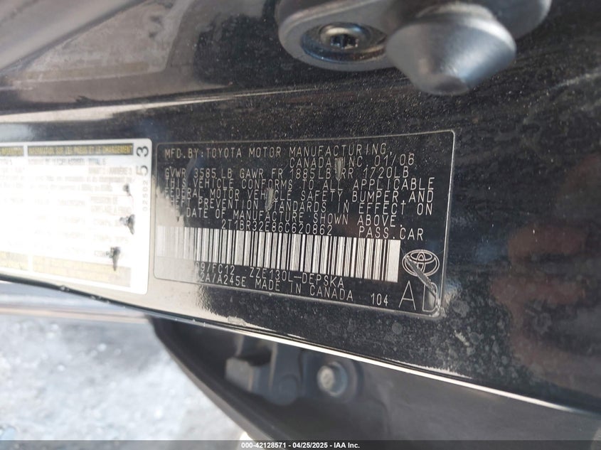 2006 TOYOTA COROLLA VIN: 2T1BR32E86C620862