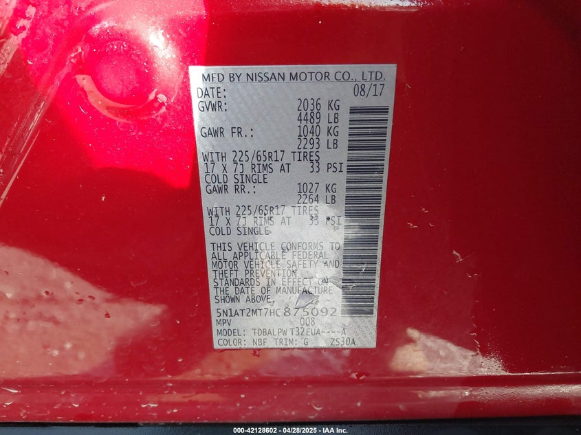 VIN 5N1AT2MT7HC875092 2017 NISSAN ROGUE S