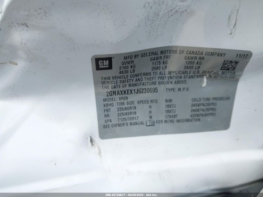 2018 Chevrolet Equinox Lt VIN: 2GNAXKEX1J6230695 Lot: 42128617