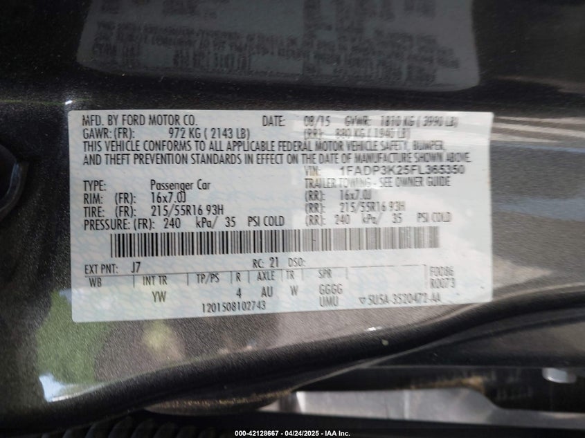 2015 FORD FOCUS VIN: 1FADP3K25FL365350