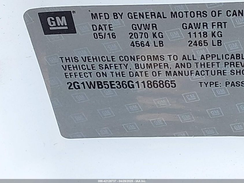 2016 Chevrolet Impala Limited Lt VIN: 2G1WB5E36G1186865 Lot: 42128737