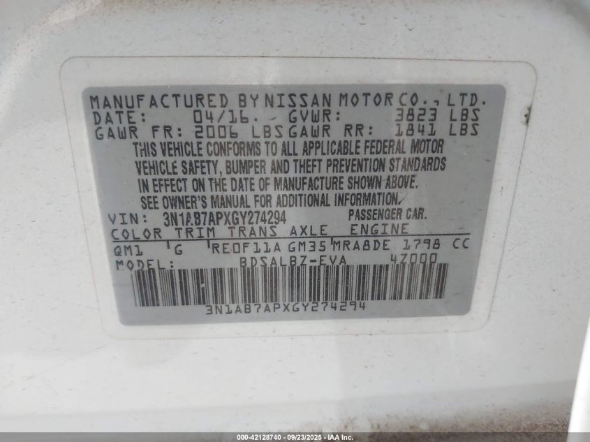 2016 Nissan Sentra S VIN: 3N1AB7APXGY274294 Lot: 42128740