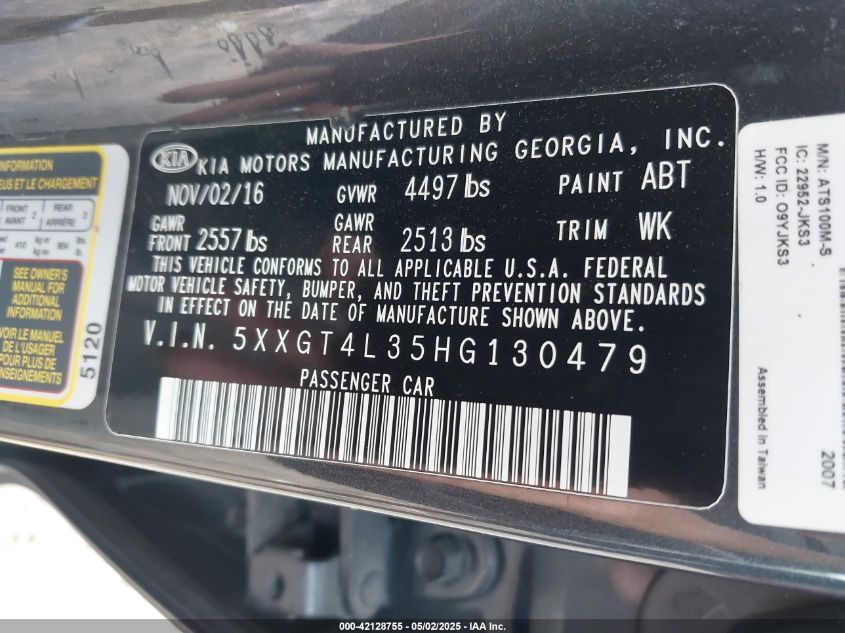 2017 Kia Optima Lx VIN: 5XXGT4L35HG130479 Lot: 42128755