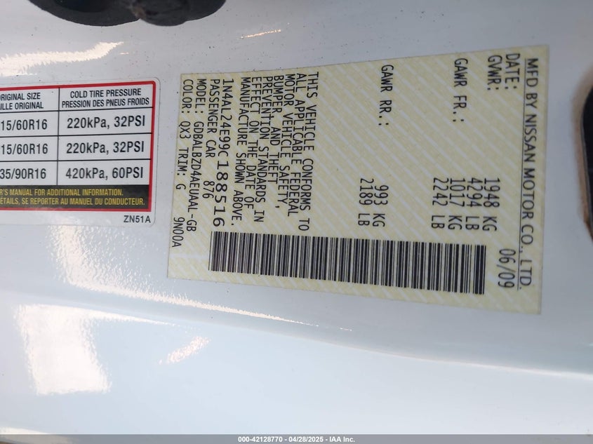 2009 NISSAN ALTIMA VIN: 1N4AL24E99C188516