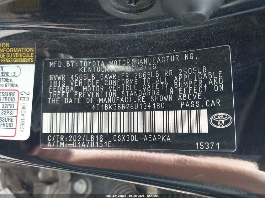 2006 TOYOTA AVALON VIN: 4T1BK36B26U134180