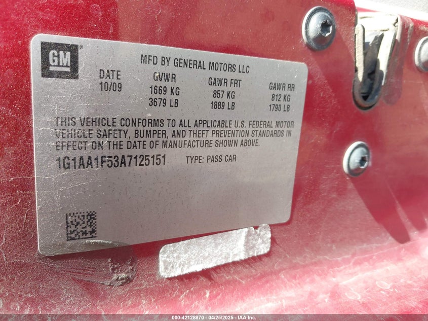 2010 CHEVROLET COBALT VIN: 1G1AA1F53A7125151