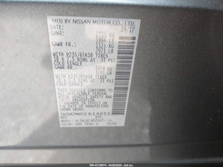 2018 Nissan Pathfinder S VIN: 5N1DR2MN0JC614051 Lot: 42129074