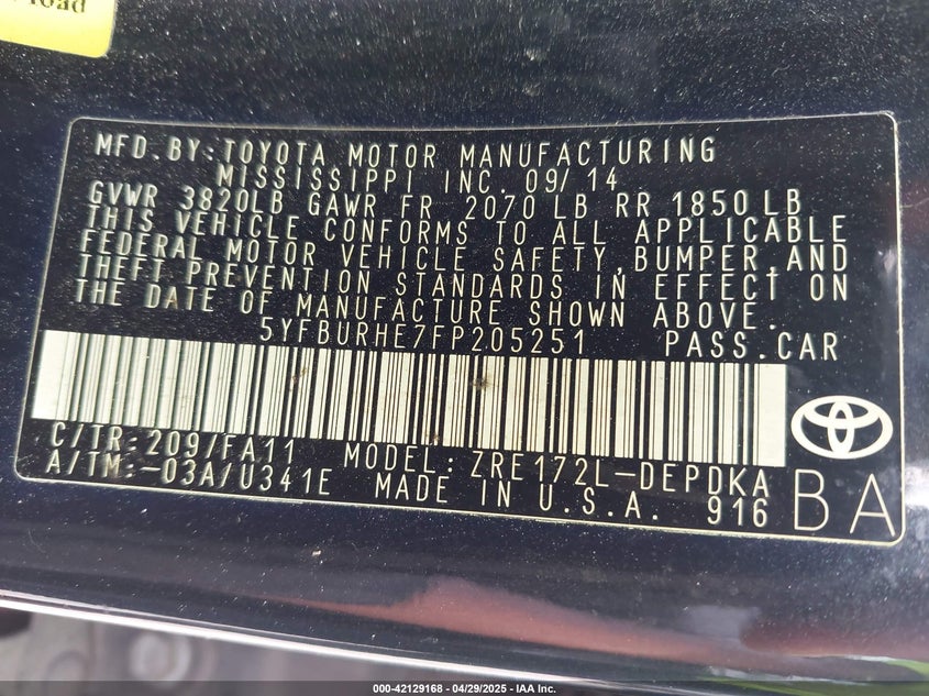 2015 TOYOTA COROLLA L - 5YFBURHE7FP205251