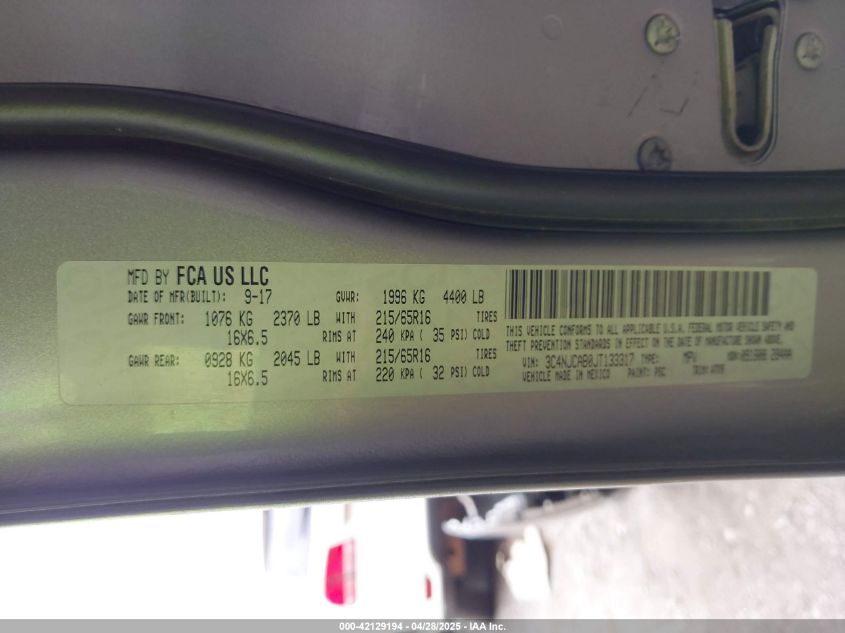 2018 Jeep Compass Sport Fwd VIN: 3C4NJCAB0JT133317 Lot: 42129194