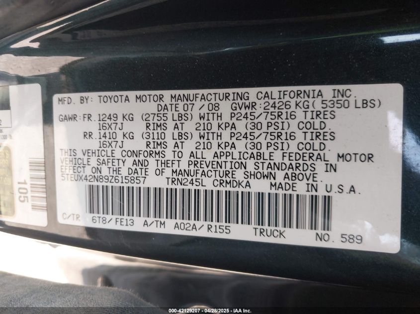 2009 Toyota Tacoma VIN: 5TEUX42N89Z615857 Lot: 42129207