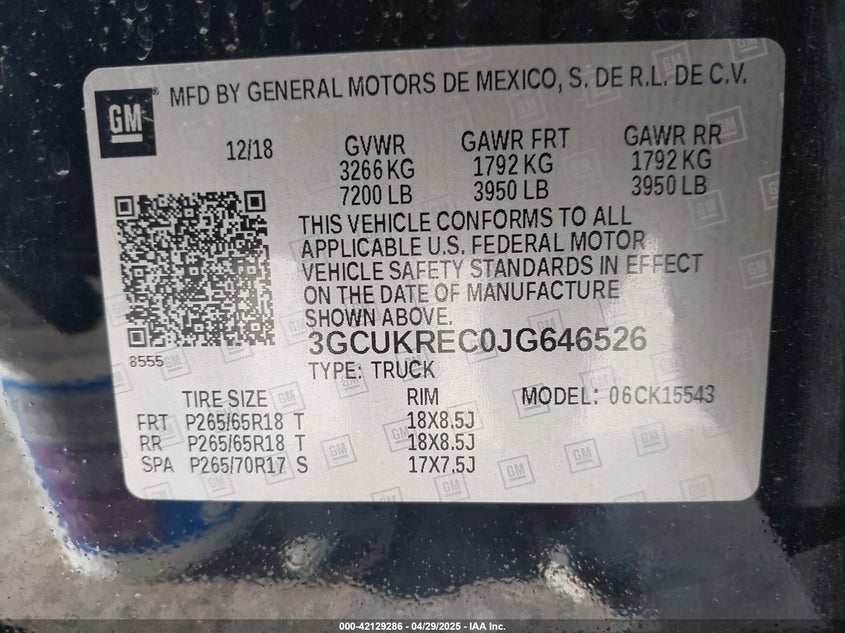 2018 CHEVROLET SILVERADO 1500 VIN: 3GCUKREC0JG646526