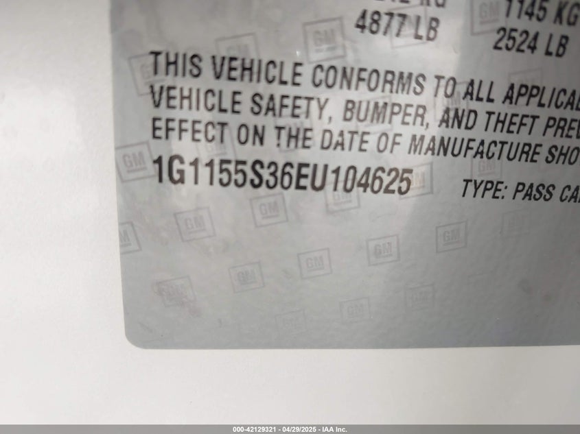 2014 CHEVROLET IMPALA VIN: 1G1155S36EU104625