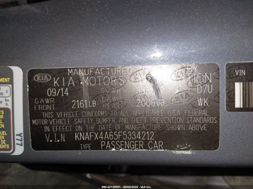 2015 Kia Forte Lx VIN: KNAFX4A65F5334212 Lot: 42129391