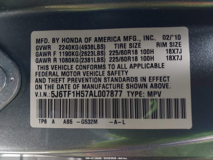 2010 HONDA ACCORD CROSSTOUR VIN: 5J6TF1H57AL007877