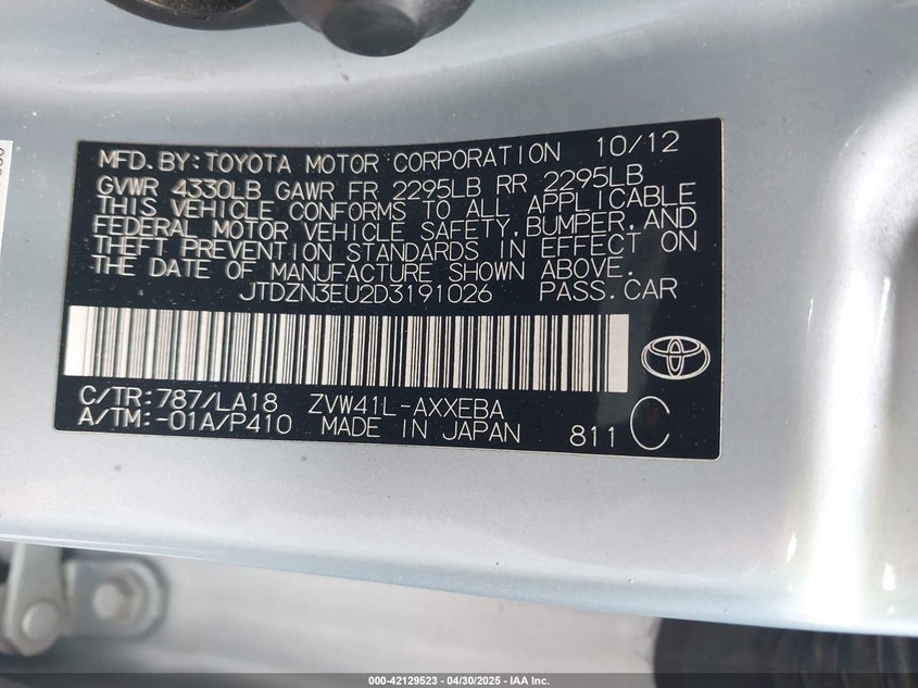 2013 TOYOTA PRIUS V VIN: JTDZN3EU2D3191026
