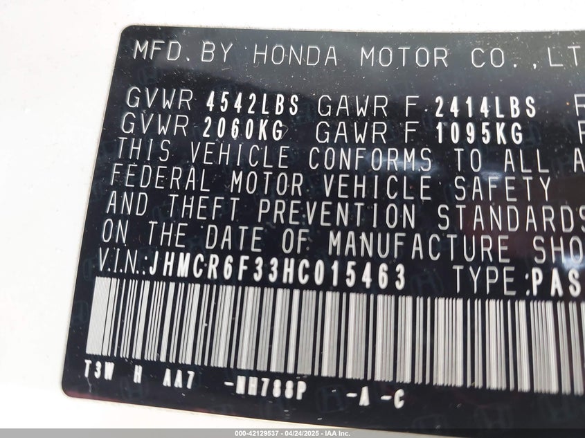 VIN JHMCR6F33HC015463 2017 HONDA ACCORD HYBRID