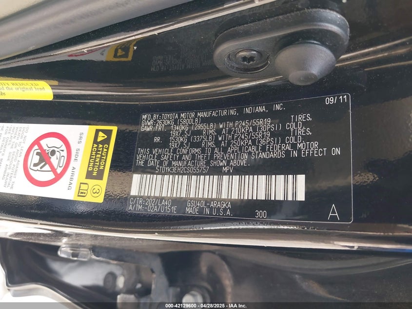 2012 TOYOTA HIGHLANDER VIN: 5TDYK3EH2CS055757