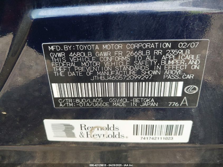 2007 Lexus Es 350 VIN: JTHBJ46G572099297 Lot: 42129615