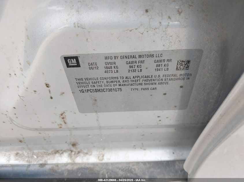 2012 Chevrolet Cruze Ls VIN: 1G1PC5SH3C7381675 Lot: 42129666