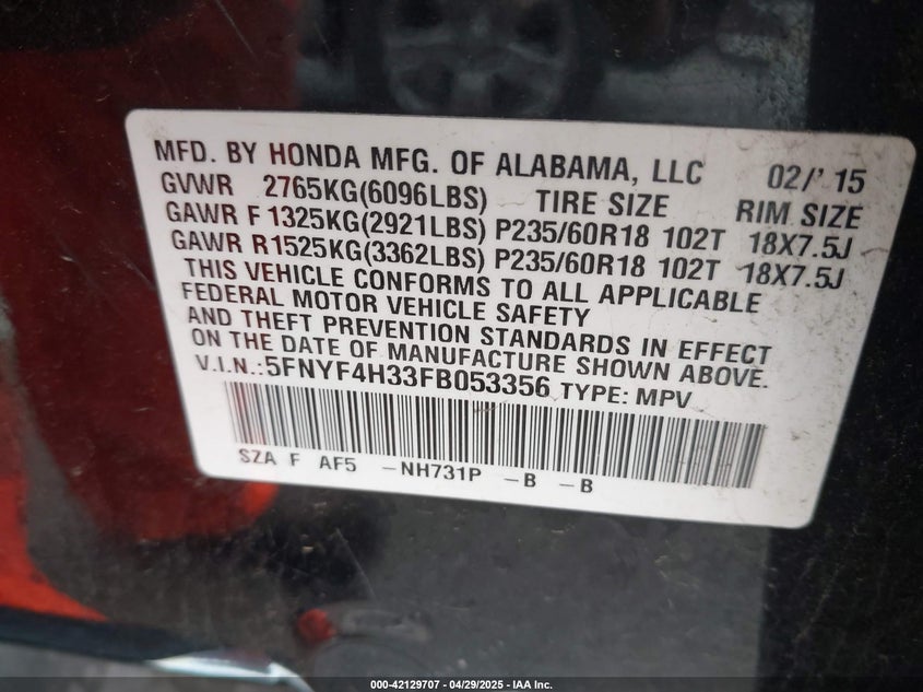 2015 HONDA PILOT VIN: 5FNYF4H33FB053356