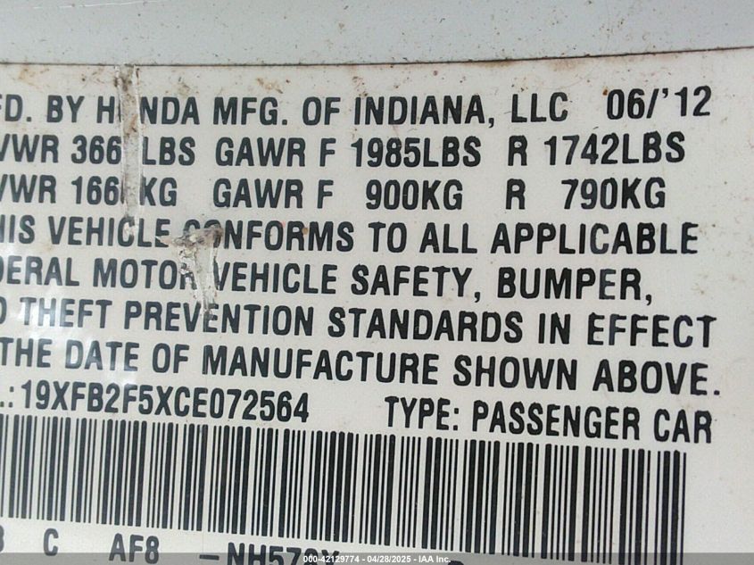 2012 Honda Civic Lx VIN: 19XFB2F5XCE072564 Lot: 42129774
