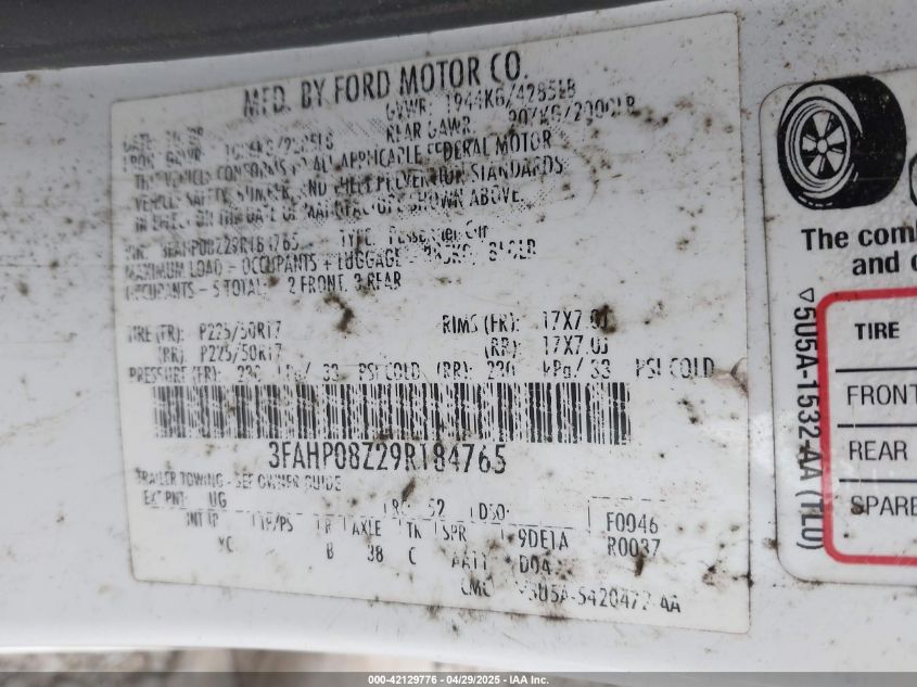 2009 Ford Fusion Sel VIN: 3FAHP08Z29R184765 Lot: 42129776