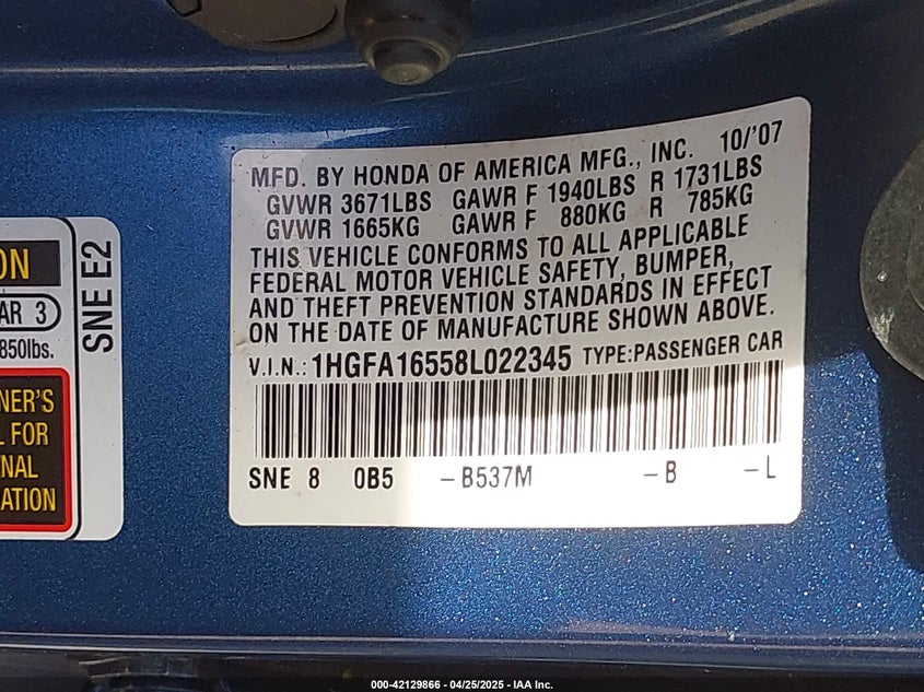 2008 HONDA CIVIC VIN: 1HGFA16558L022345