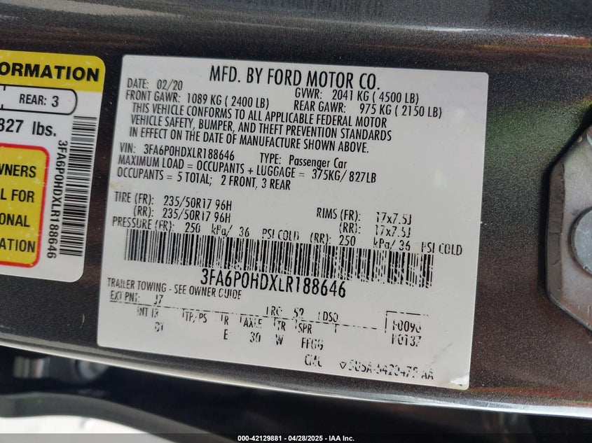 2020 FORD FUSION VIN: 3FA6P0HDXLR188646