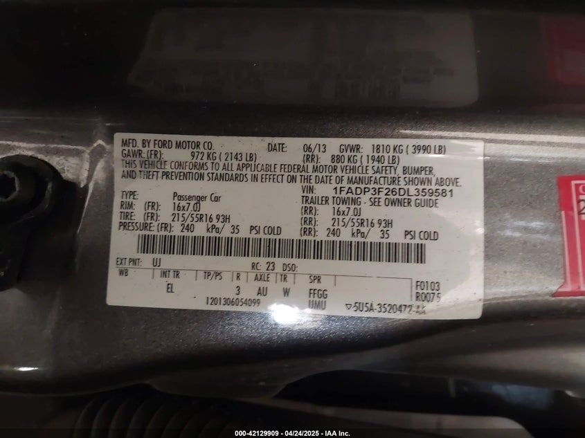 2013 FORD FOCUS VIN: 1FADP3F26DL359581