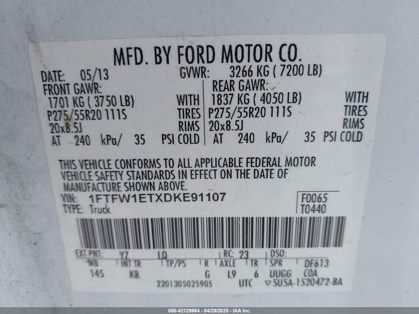 2013 FORD F150 VIN: 1FTFW1ETXDKE91107