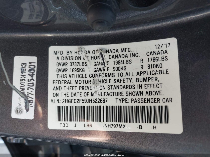 2018 HONDA CIVIC VIN: 2HGFC2F59JH522687