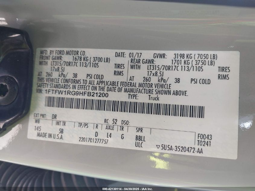 2017 Ford F-150 - 1FTFW1RG9HFB21200