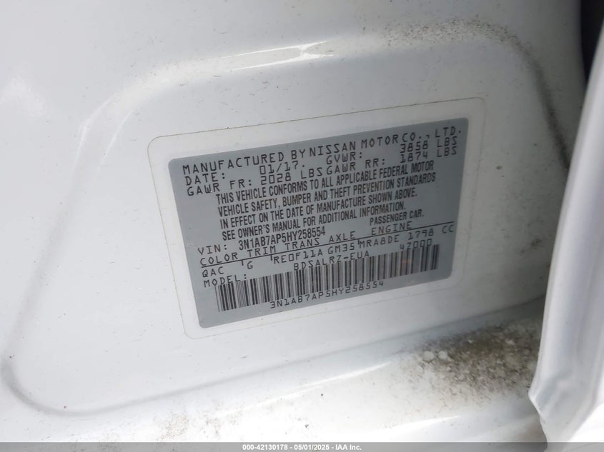 2017 NISSAN SENTRA VIN: 3N1AB7AP5HY258554
