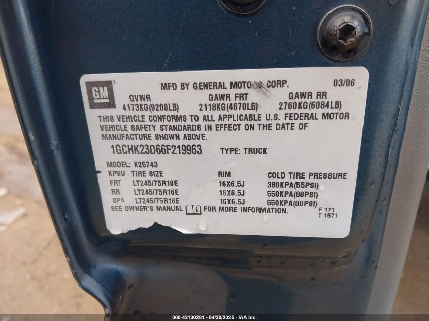 2006 Chevrolet Silverado 2500Hd Lt3 VIN: 1GCHK23D66F219963 Lot: 42130281