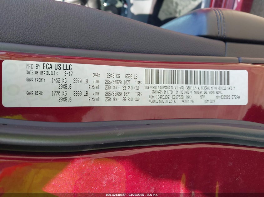 2017 DODGE DURANGO VIN: 1C4RDJDG1HC817528