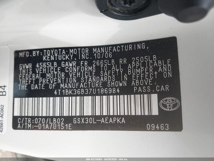 2007 TOYOTA AVALON VIN: 4T1BK36B37U186984